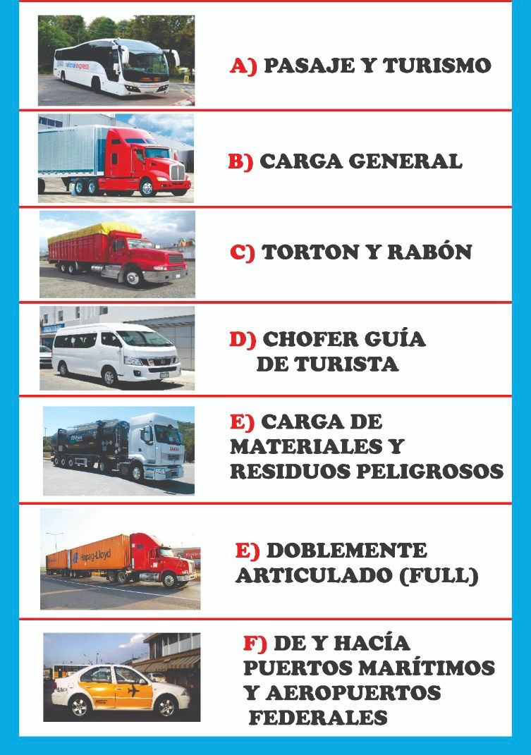 Servicios relacionados con licencia federal, carga general, cursos y transporte